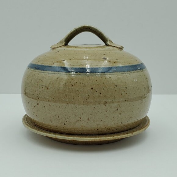 Pottery Covered Cheese Dish Butter Dish Lidded Tan Blue Band Pottery Dish - Picture 2 of 6